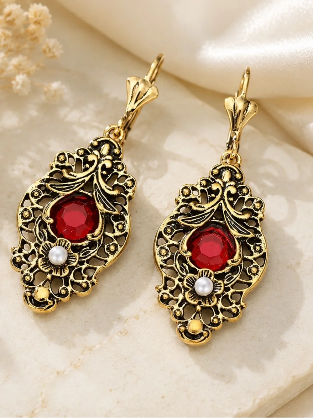 Vintage Ruby Filigree Drop Earrings | Gold Tone Statement Earri